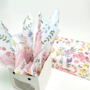 Colorful floral cat tissue paper with cute illustrated cats and botanical patterns, perfect for gift wrapping.